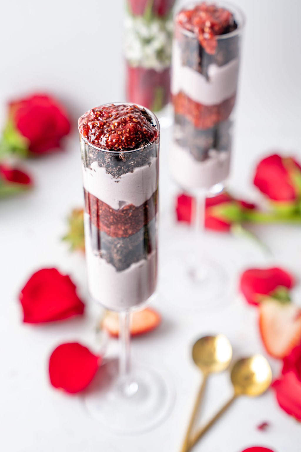 Rose & Red Berry Chocolate Parfait in a glass with roses